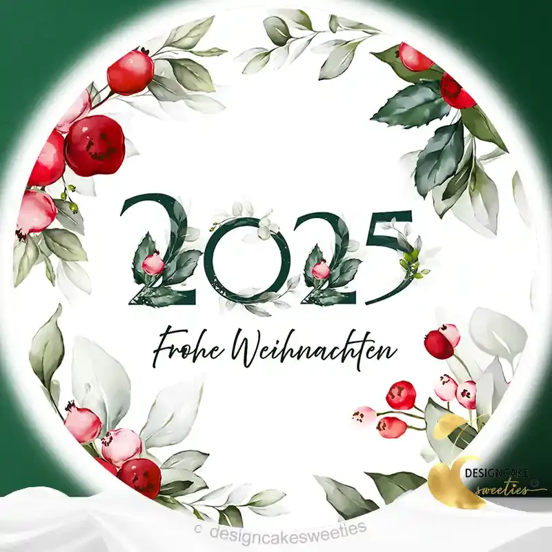 Runder Tortenaufleger 2025 Frohe Weihnachten mit roten Beeren und Blättern